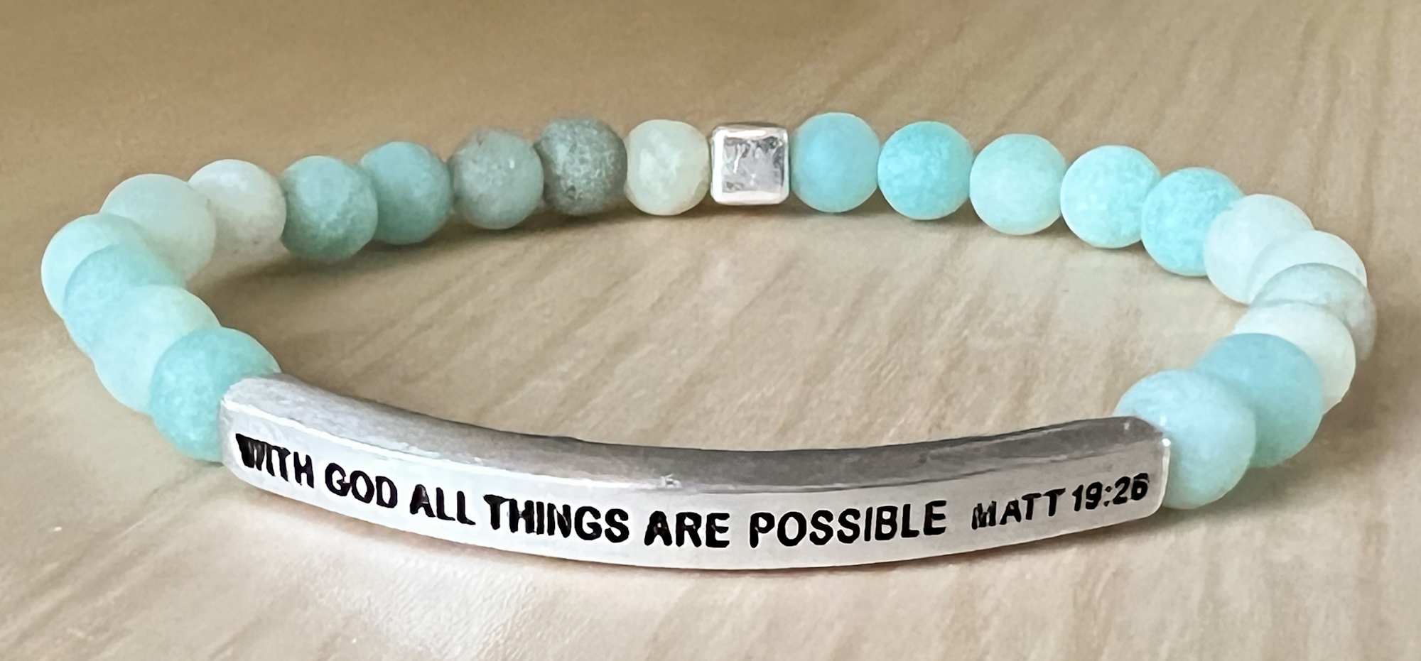 Bracelet: With God All Things, Semi-Precious Natural Stones, Accent Piece with Brass base and Silver Overlay. Stretchable