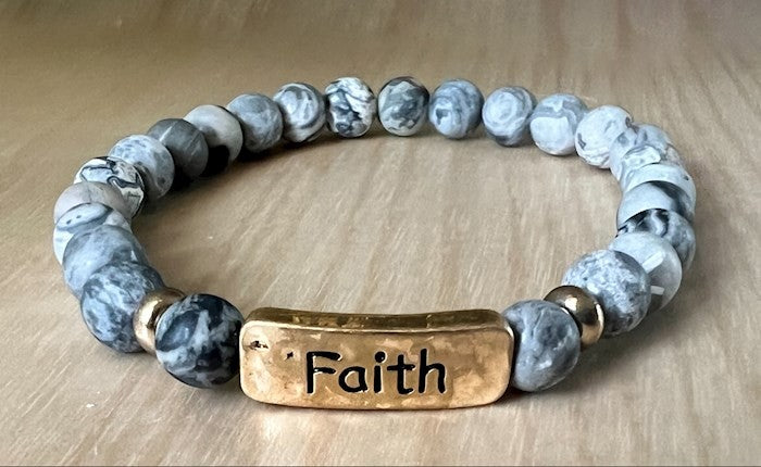 Bracelet: Faith Beaded, Semi-Precious Natural Stones, Accent Piece with Brass base and Gold Overlay. Stretchable