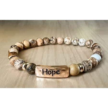 Bracelet: Hope Beaded, Semi-Precious Natural Stones, Accent Piece with Brass base and Gold Overlay. Stretchable