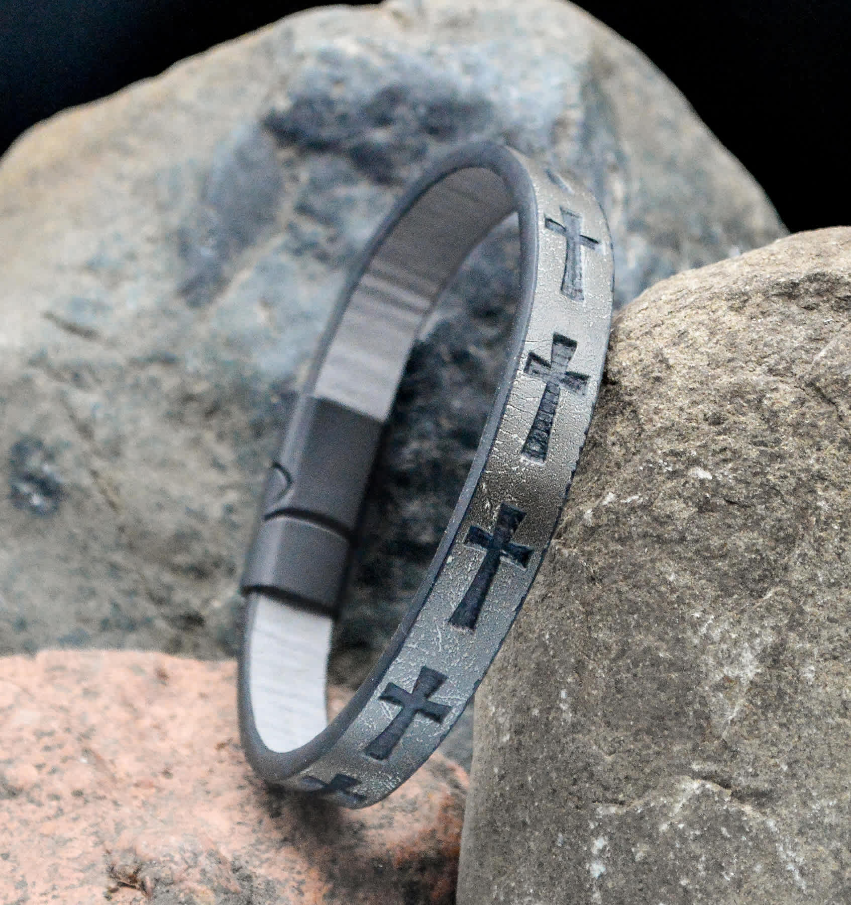 Bracelet, Mens: Cross Grey Stamped (Stamped Leather, Magnetic Closure)