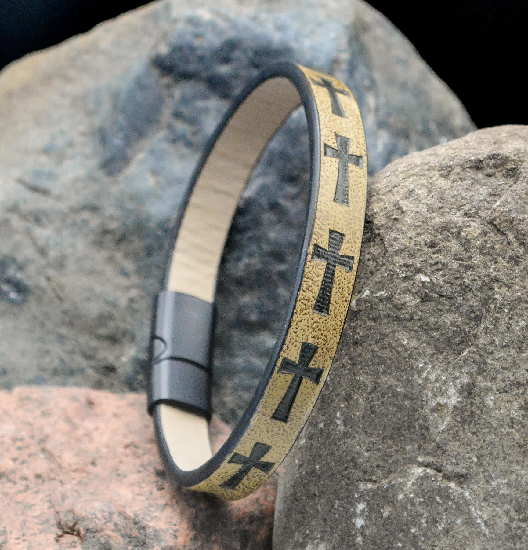 Bracelet, Mens: Cross Mustard Stamped (Stamped Leather, Magnetic Closure)