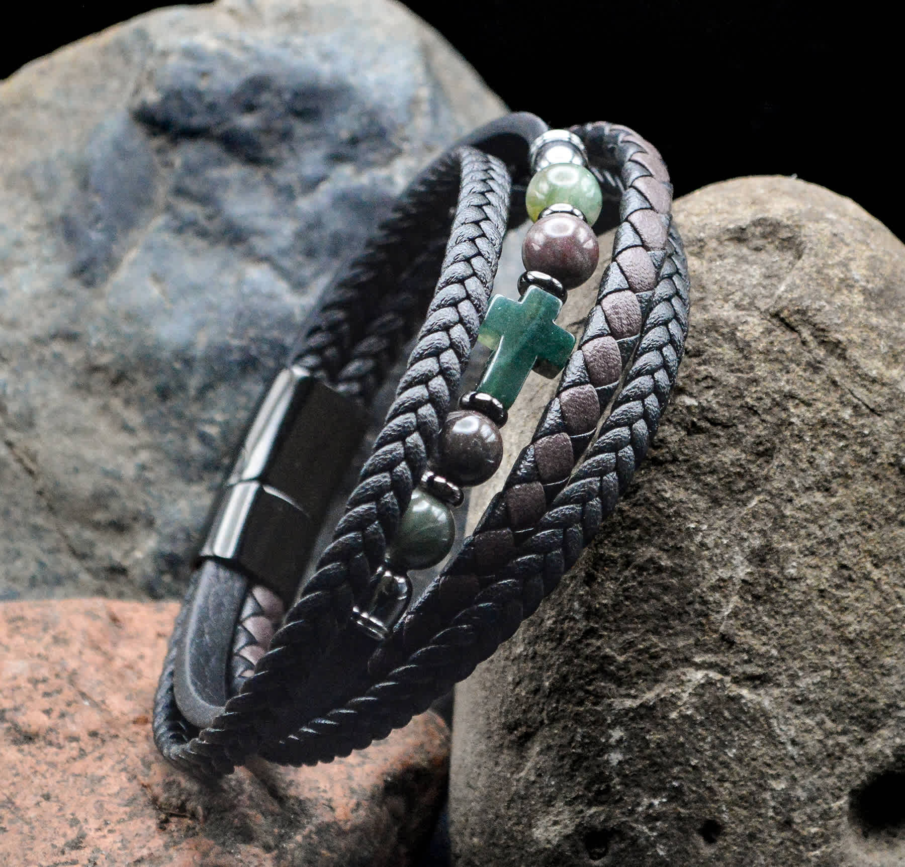 Bracelet, Mens: Cross Leather/Nat Stone Green Adventurine (Leather, Semi-Precious Stones, Magnetic Closure)