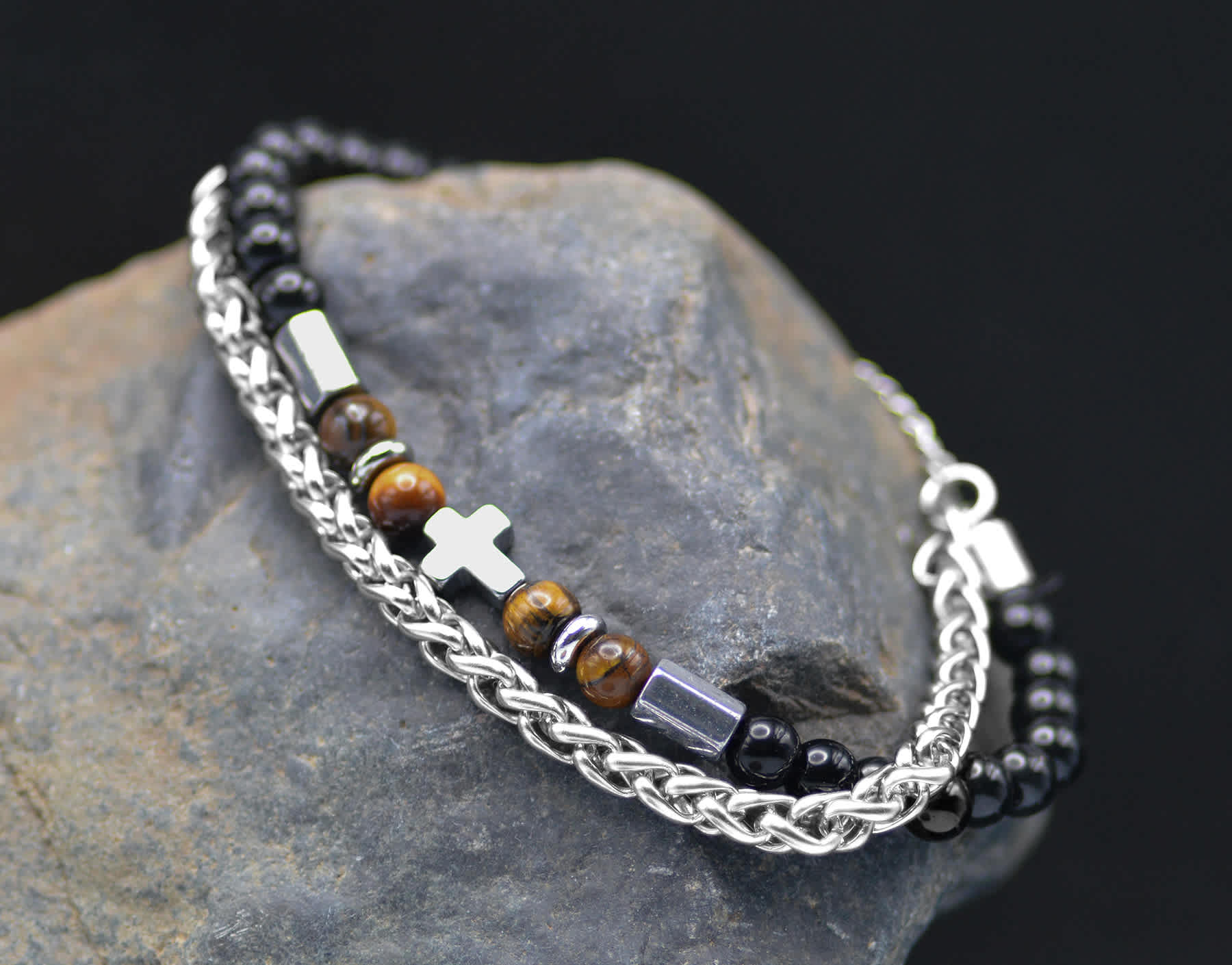 Bracelet, Mens: Cross 2 Strand Chain/Tiger Eye (Stainless Steel Rope Chain, Semi-Precious Stones, Lobster Clasp Closure)