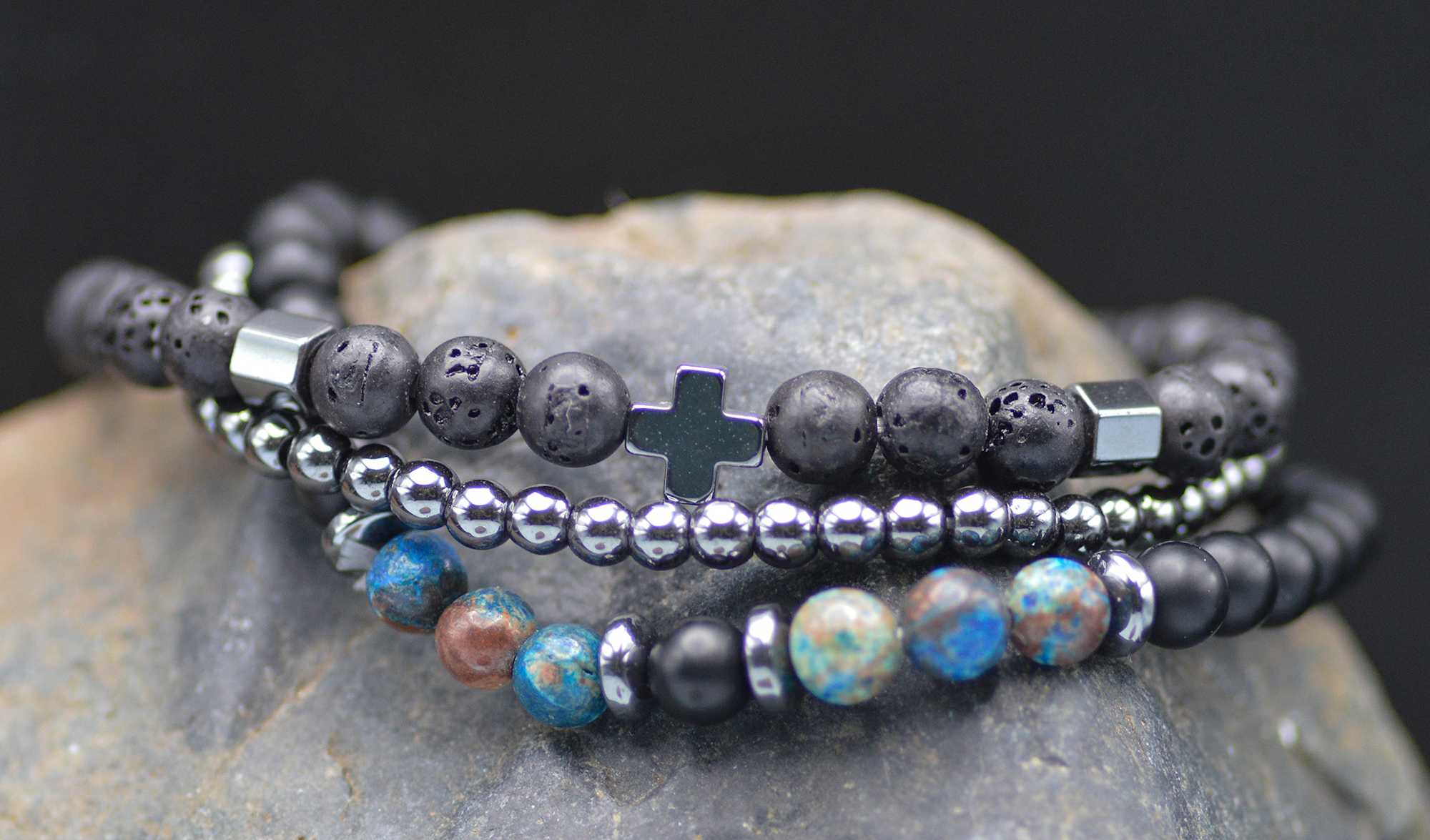 Bracelet, Mens: Cross 3 Strand Lava/Phoenix Stone (Semi-Precious Stones, Stretchable)