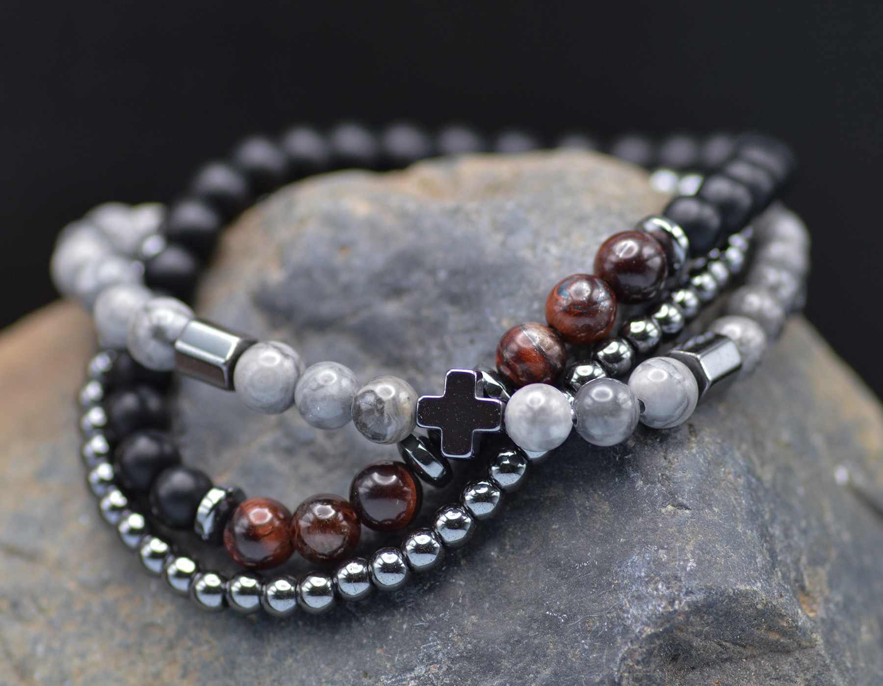 Bracelet, Mens: Cross 3 Strand Wine Tiger Eye (Semi-Precious Stones, Stretchable)