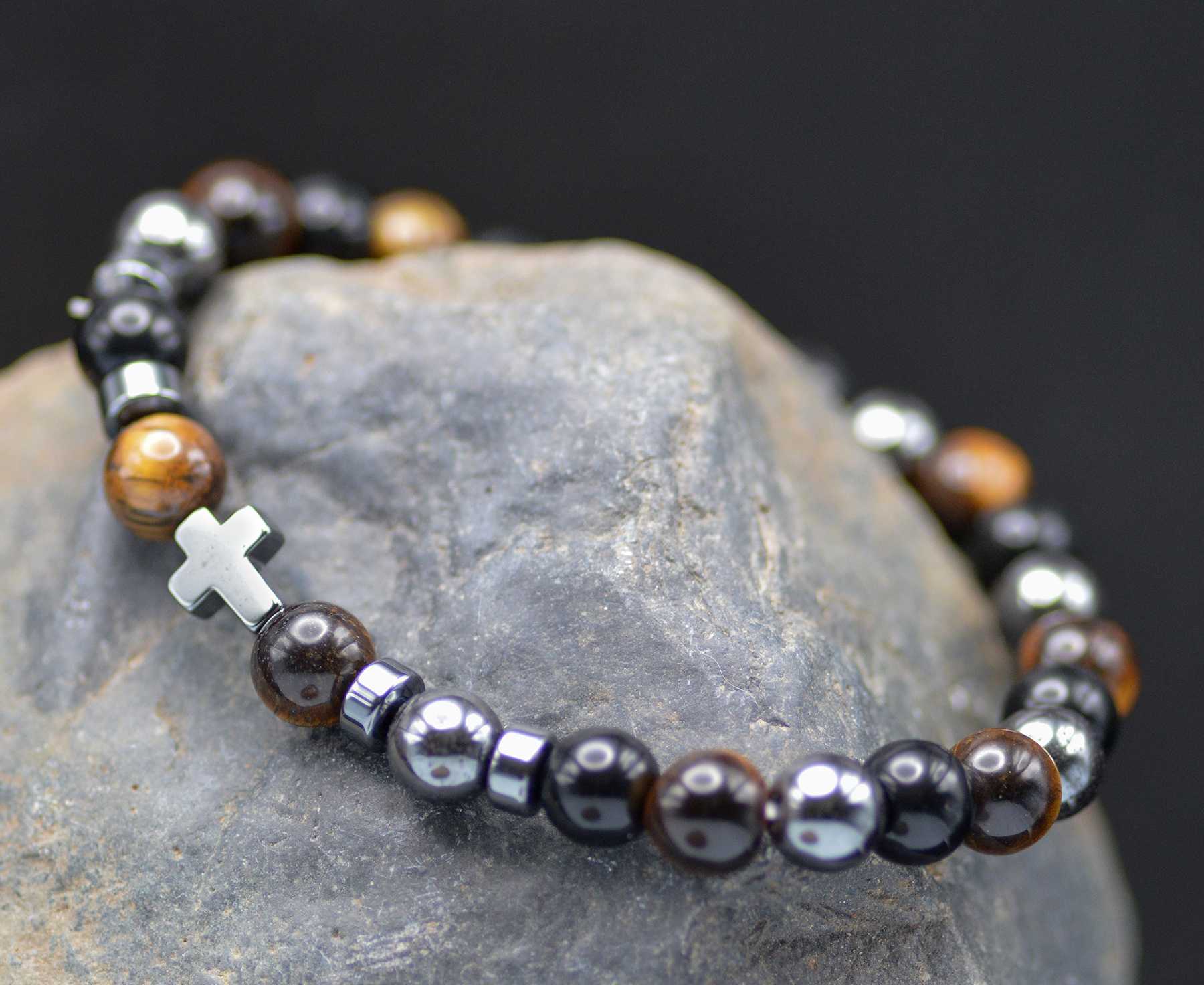 Bracelet, Mens: Cross Beaded W/Pryr Card Tiger Eye (Semi-Precious Stones, Stretchable)