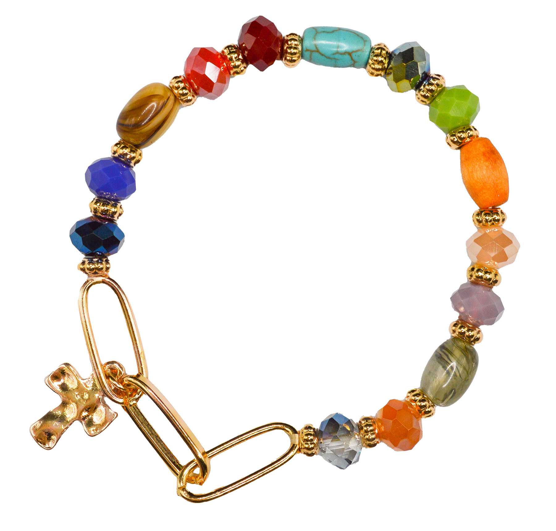 Bracelet: Beaded Cross-Multi (Glass Beads, Zinc base with high quality Gold Overlays, Stretchable)