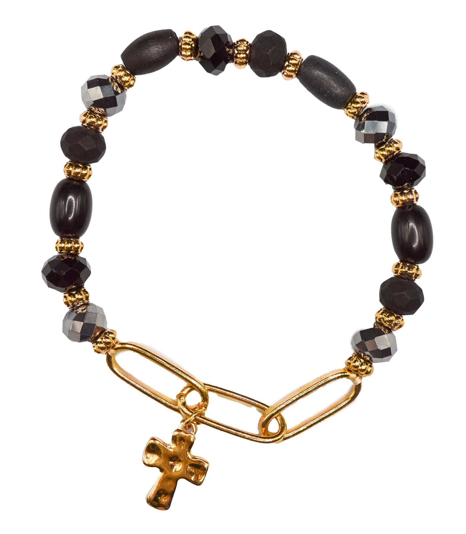 Bracelet: Beaded Cross-Black (Glass Beads, Zinc base with high quality Gold Overlays, Stretchable)