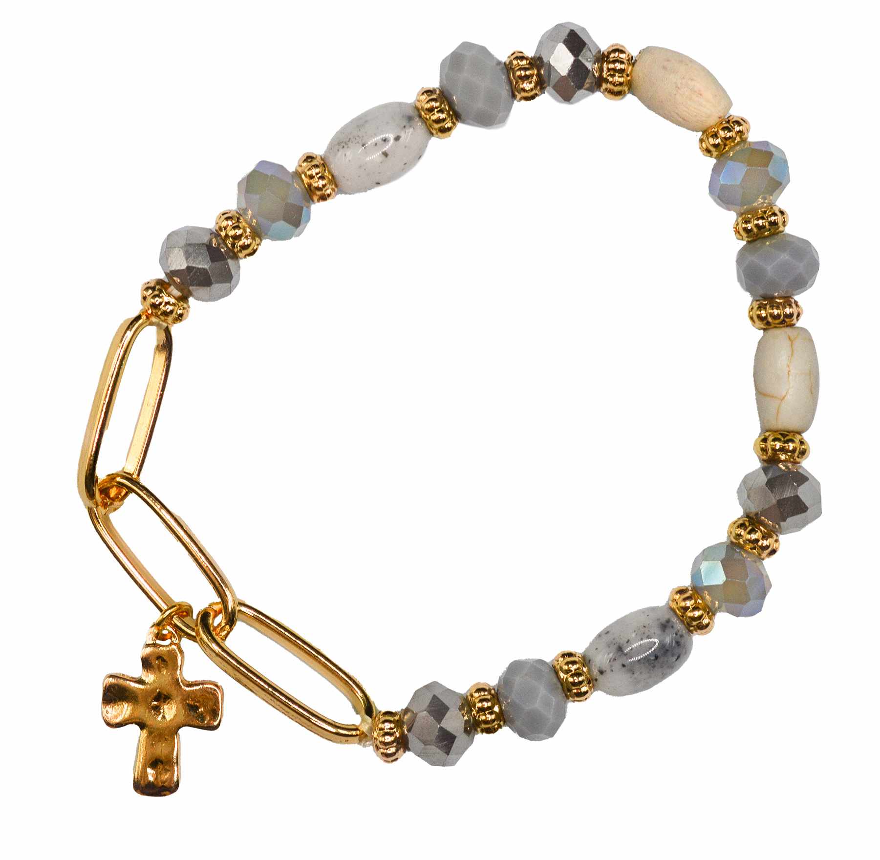 Bracelet: Beaded-Cross-Grey (Glass Beads, Zinc base with high quality Gold Overlays, Stretchable)