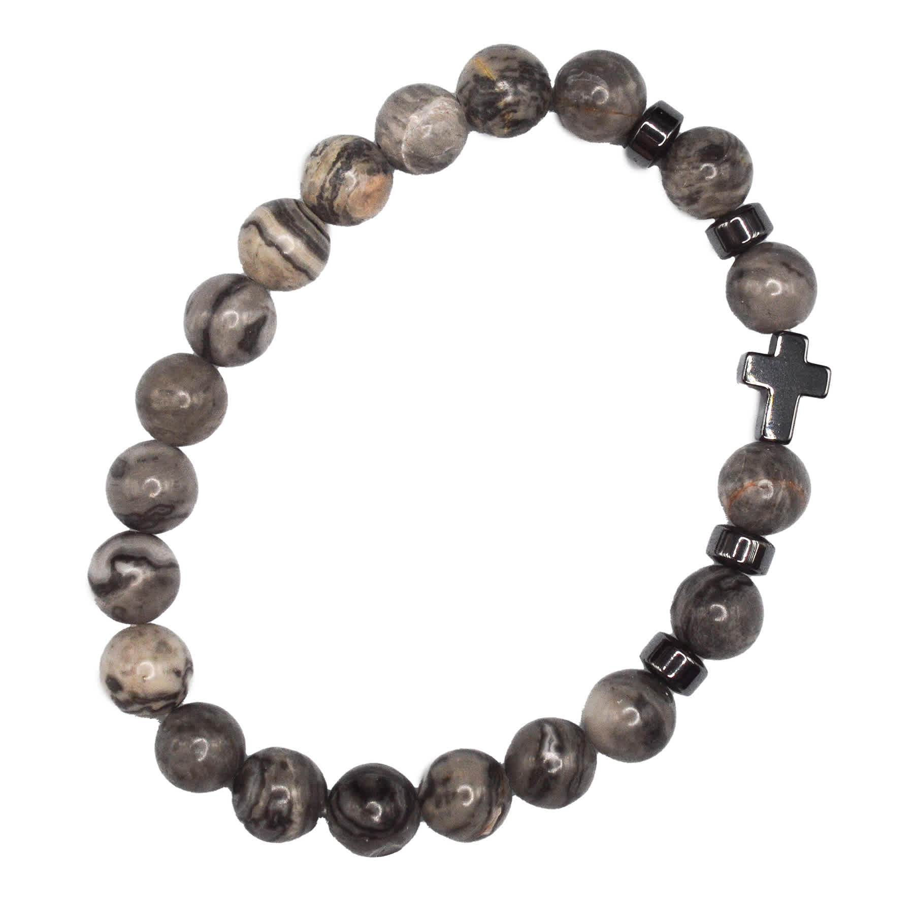Bracelet: Beaded Cross W/Pryr Card-Greystone (Semi-Precious Stones, Stretchable)