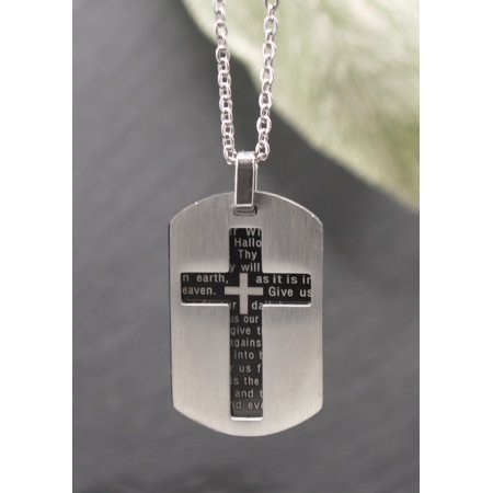 Just For Him Necklace, Stainless Steel: Lord's Prayer Black Cross/Silver Dog Tag, 51Cm Silver Chain