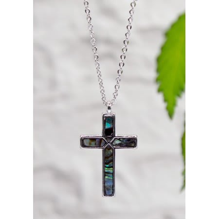 Necklace: Abalone Silver Cross, Rhodium Plating, 46cm Chain (Sea To Sky Collection)