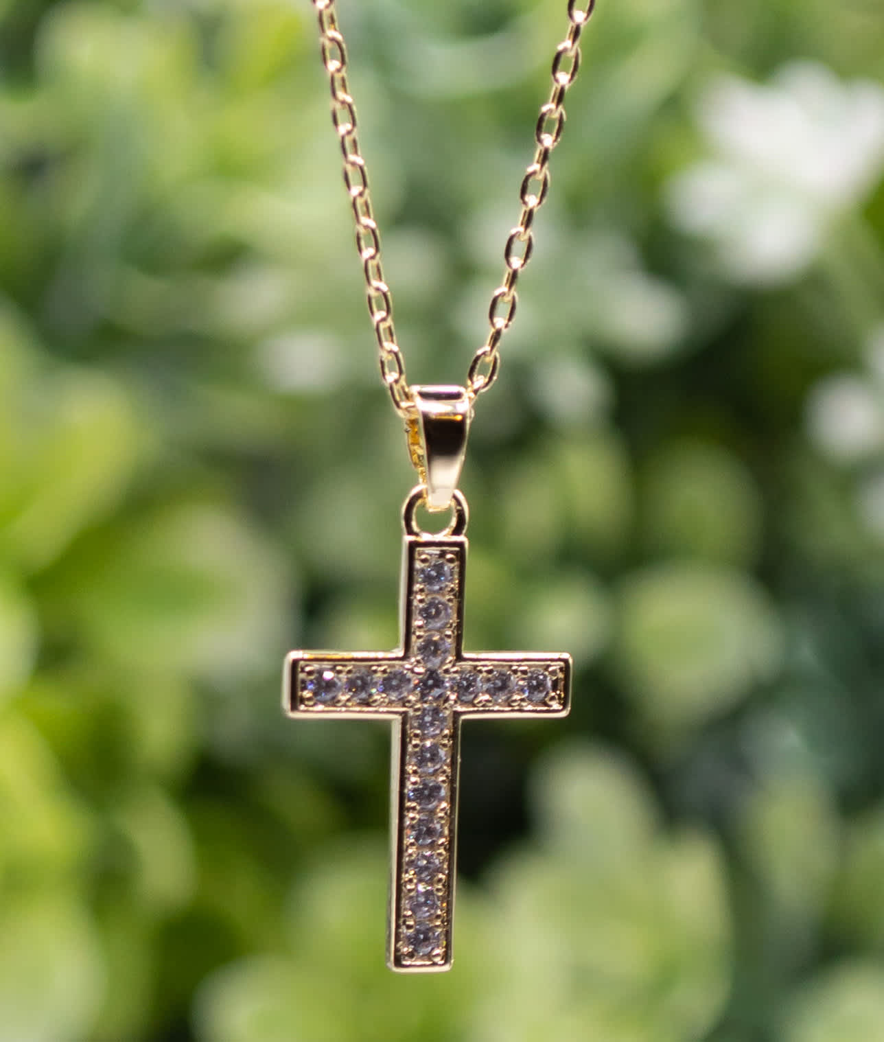 Grace Necklace, Brass: 2 cm Gold Cross, Fine Gold Border, Rhodium Plating, Crystal Accents, 40Cm Chain