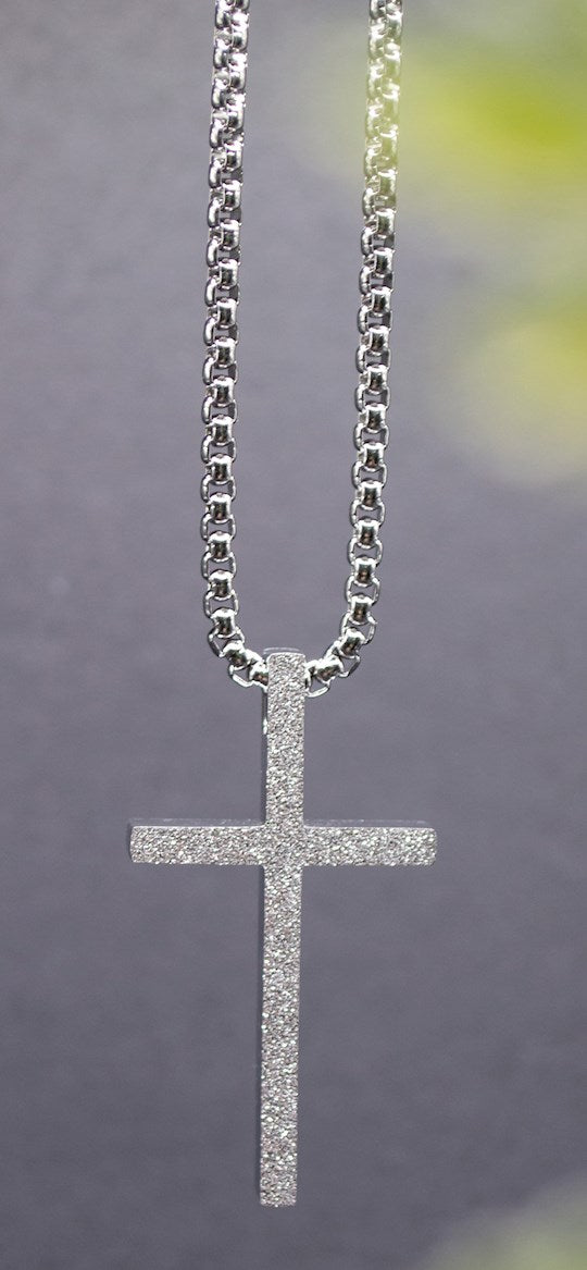 Necklace, Stainless Steel: Silver Sparkle Cross, 58Cm Chain