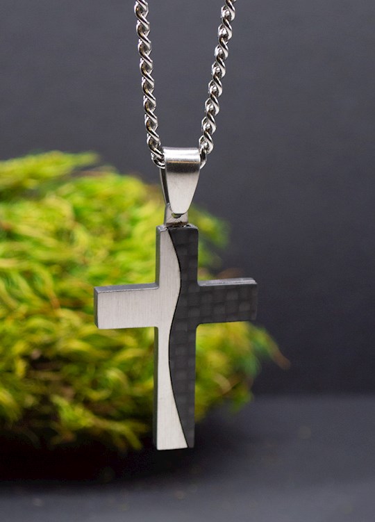 Just For Him Necklace, Stainless Steel: Black Pattern & Silver Cross, 60Cm Chain