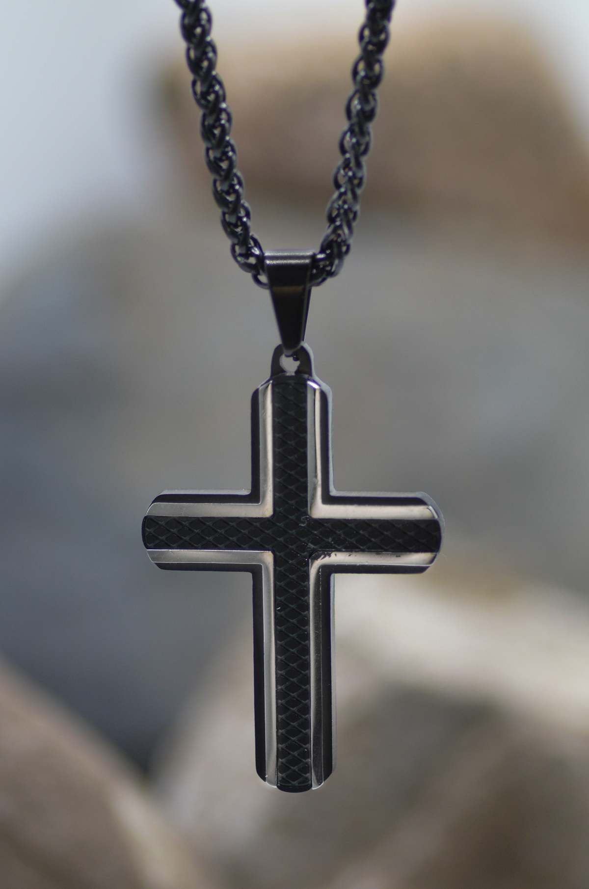 Necklace: Just for Him Black Textured Cross, Stainless Steel, Clasp Closure