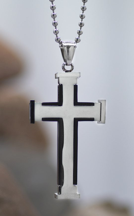 Necklace: Just for Him Silver/Black Lrg Cross, Stainless Steel, Clasp Closure