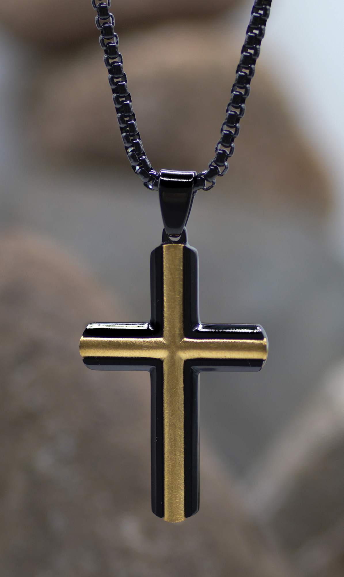 Necklace: Just for Him Gold/Black Cross, Stainless Steel, Clasp Closure
