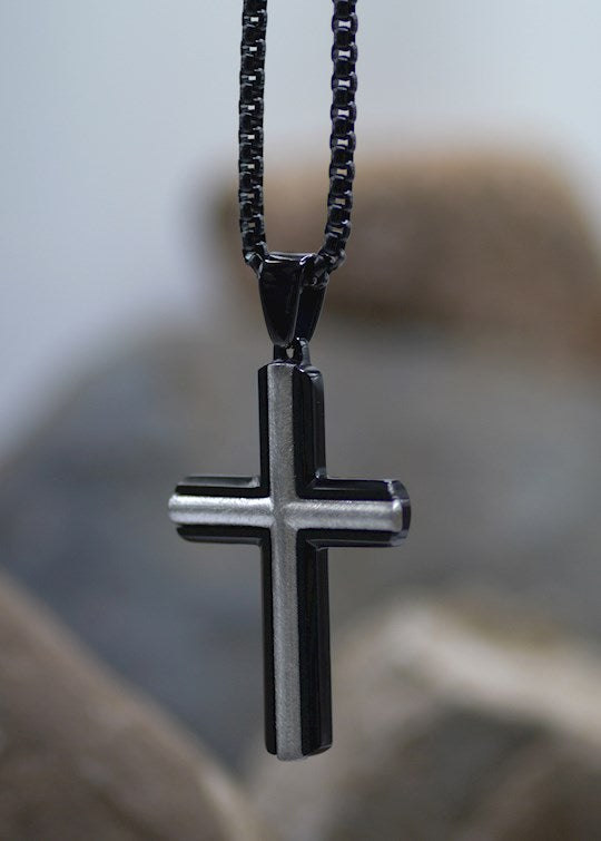 Necklace: Just for Him Silver/Black Cross, Stainless Steel, Clasp Closure