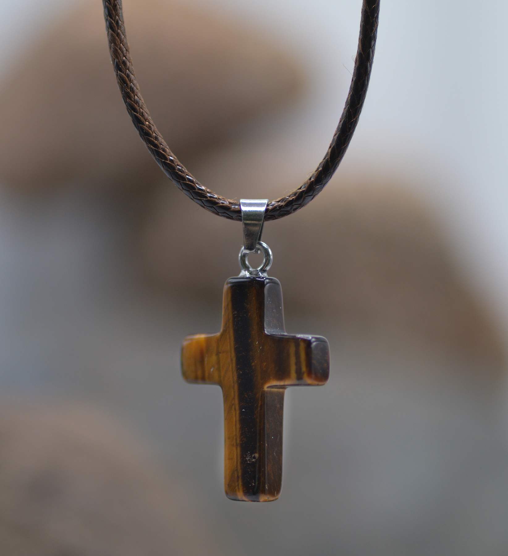Necklace: Just for Him Tiger Eye Stone Cross, Tiger Eye Natural Stone, 100% Leather Cord, Clasp Closure