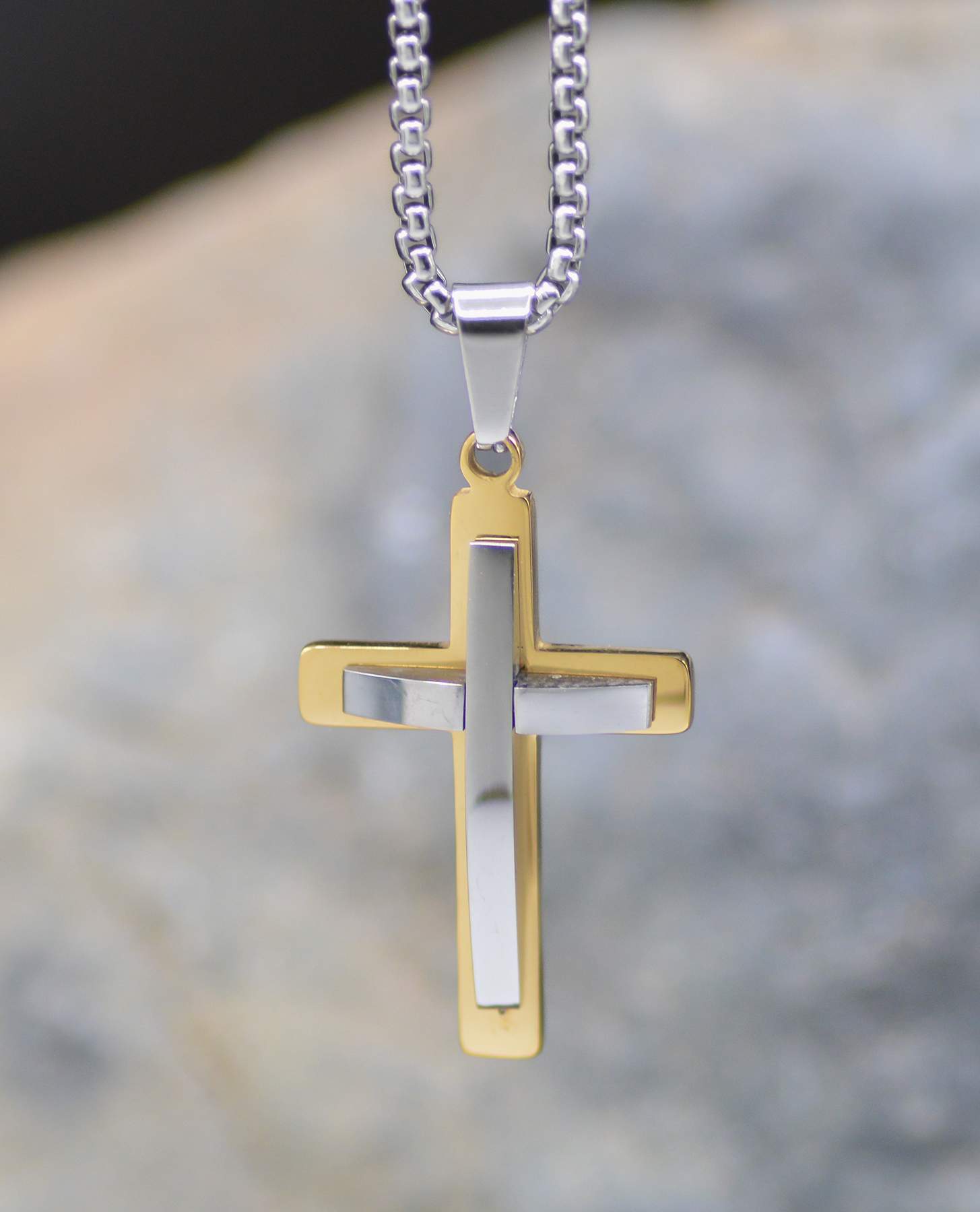Necklace: Just for Him Silver/Gold Cross, Stainless Steel with Gold & Silver overlays, Clasp Closure