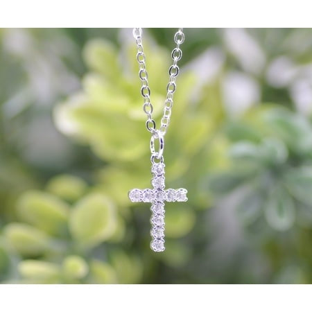 Necklace: Small Cross, Brass Base with Rhodium plating and Cubic Zirconia Accents, Clasp Closure