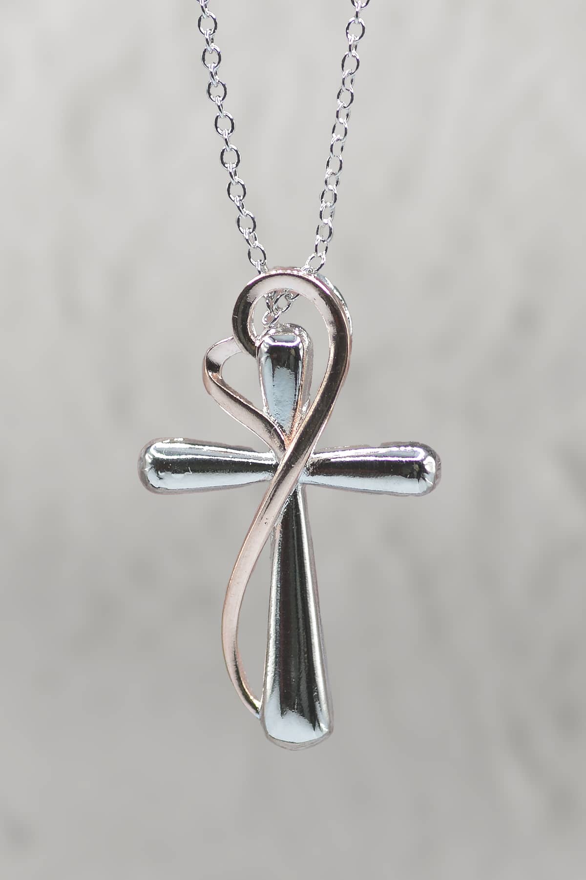 Necklace: Cross W/Rose Gold Heart (Copper base with Rhodium Plating, Lobster Clasp)