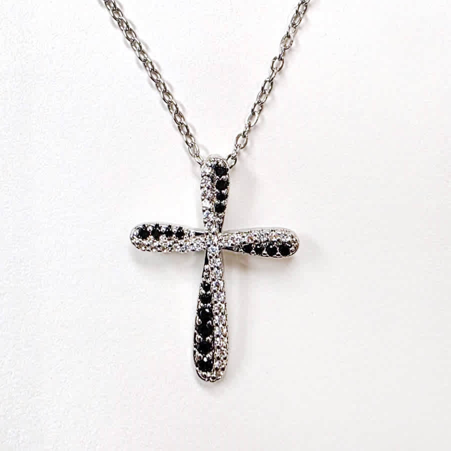 Necklace: Black/Clear Cross (Copper base with Rhodium Plating, Austrian Crystal Accents, Lobster Clasp)