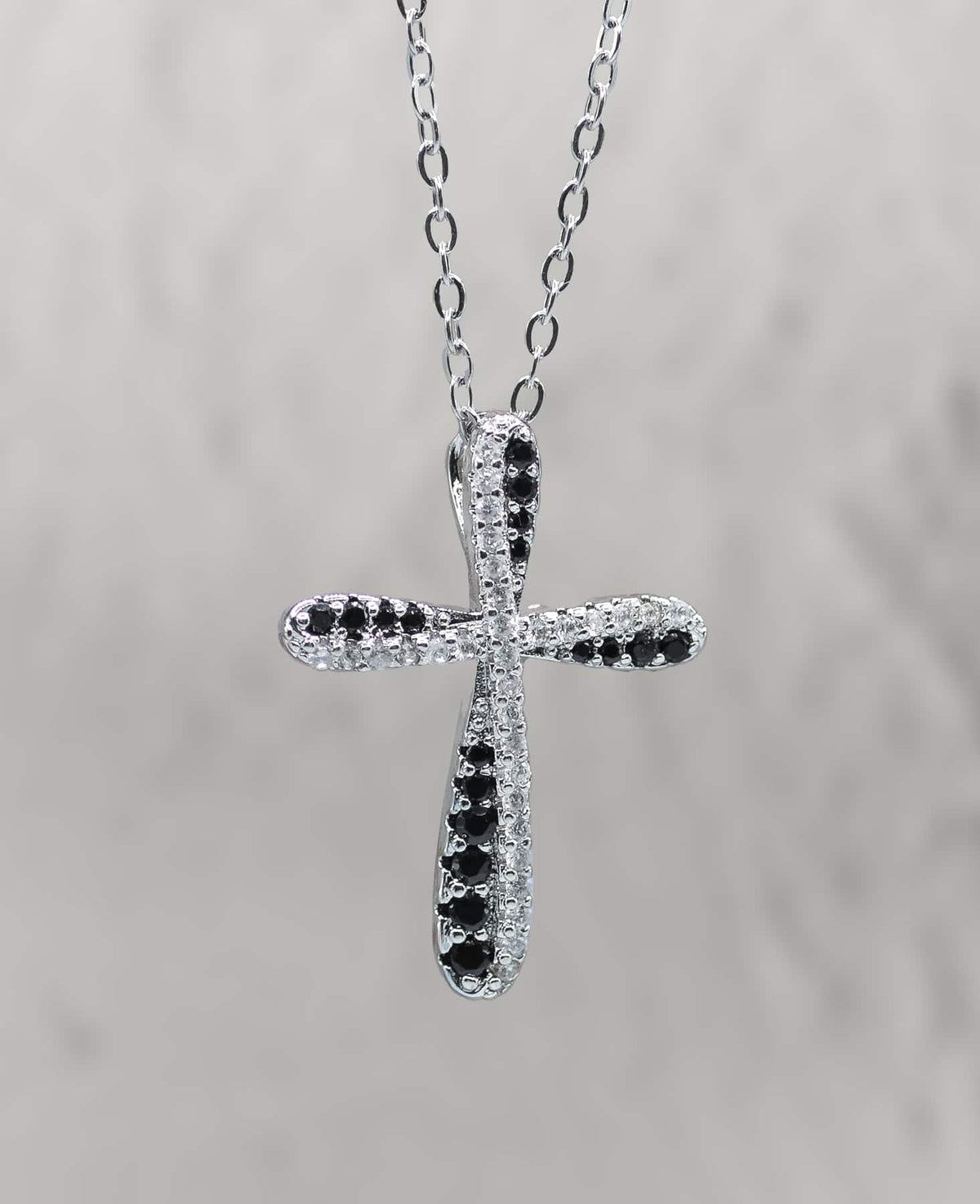 Necklace: Black/Clear Cross (Copper base with Rhodium Plating, Austrian Crystal Accents, Lobster Clasp)