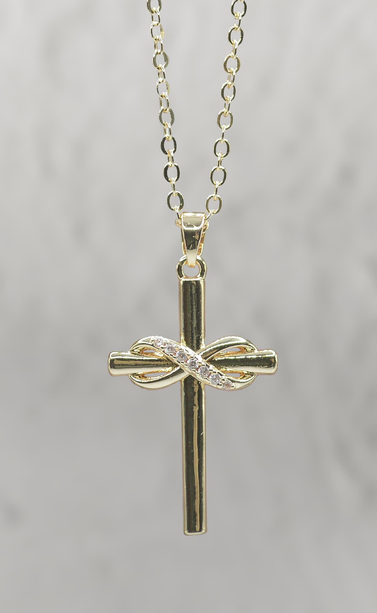 Necklace: Gold Infinity Cross (Zinc Base with Gold Overlay, Austrian Crystal Accent, Lobster Clasp)