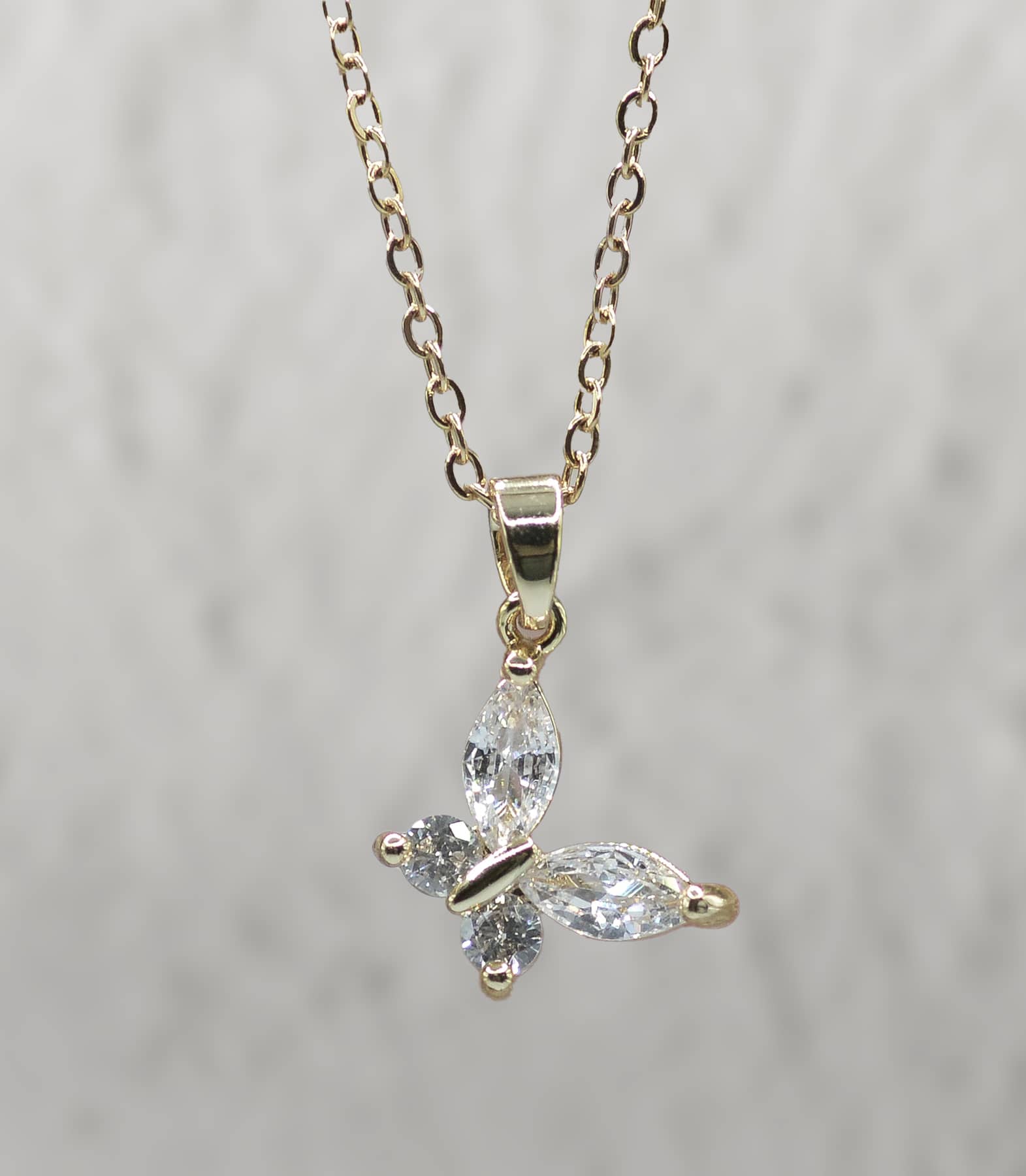 Necklace: Gold Butterfly (Zinc Base with Gold Overlay, Austrian Crystal Accent, Lobster Clasp)