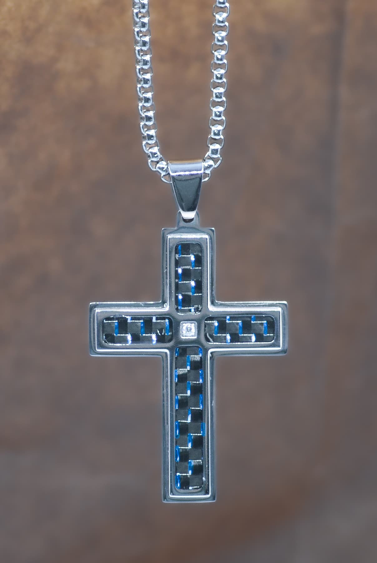 Necklace, Mens: Blue Cross (Stainless Steel, Semi Precious Accent, Lobster Clasp Closure)