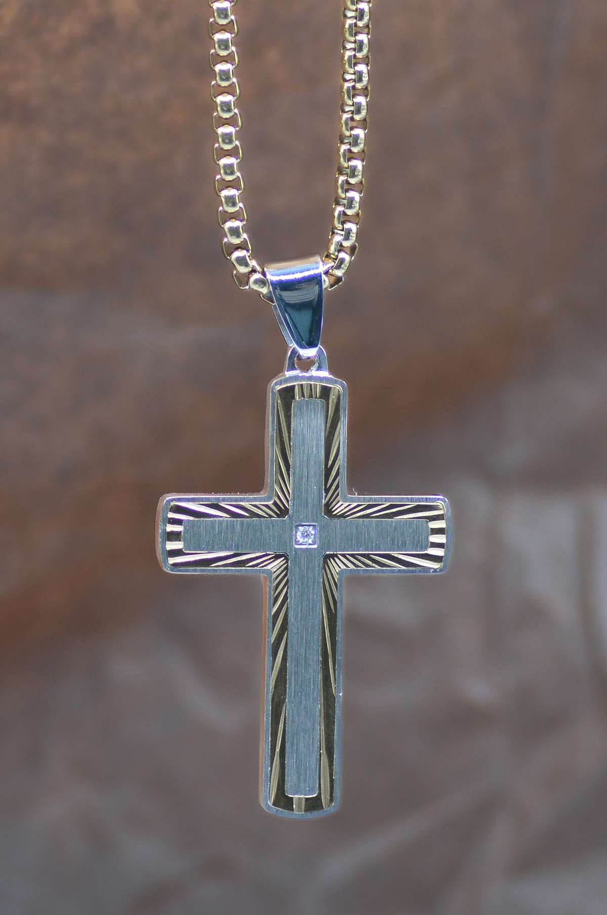Necklace, Mens: Gold Starburst (Stainless Steel, Austrian Crystal Accent, Lobster Clasp Closure)