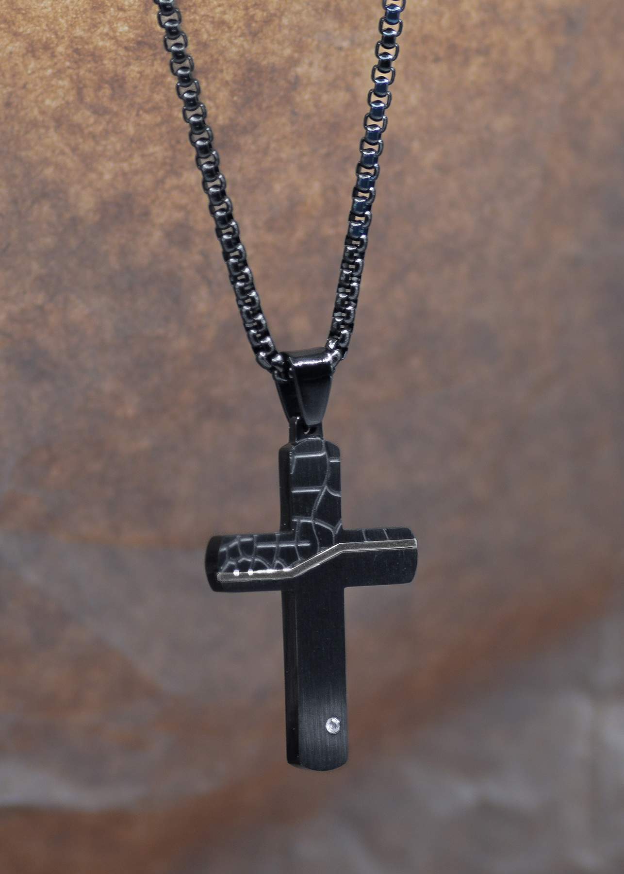 Necklace, Mens: Black Cracked/Smooth (Stainless Steel, Austrian Crystal Accent, Lobster Clasp Closure)