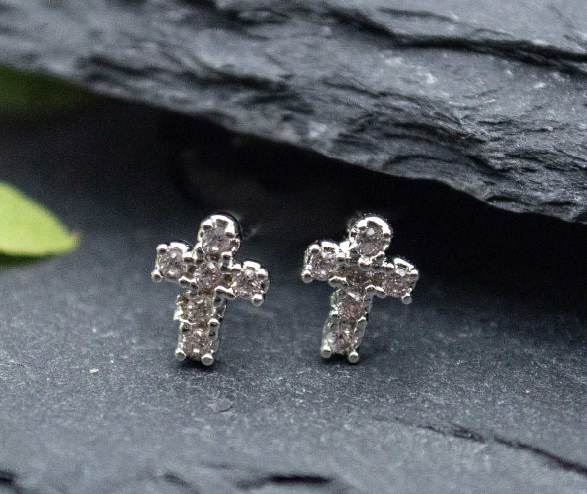 Glimmer Earrings, Sterling Silver Posts: Silver Cross Studs, Cubic Zirconia Accents, Gift Boxed