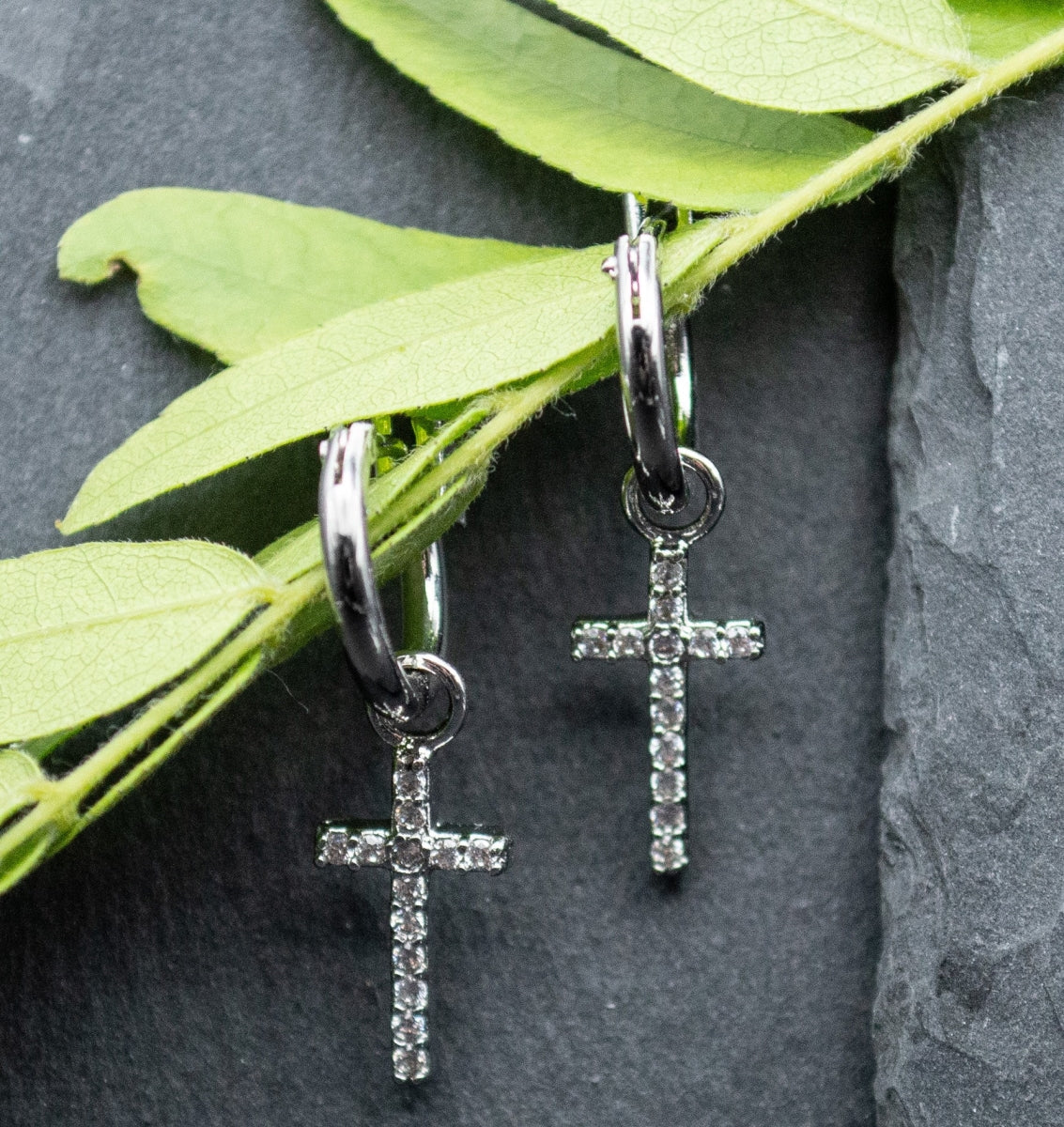 Glimmer Earrings, Sterling Silver Hoops: Silver Crosses, Cubic Zirconia Accents, Gift Boxed