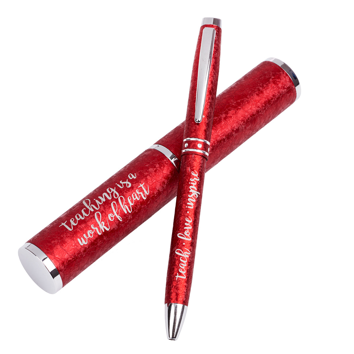 Pen With Case: Teaching is a Work of Heart, Red/Silver, Black Ink (Teaching Is A Work Of Heart Series)