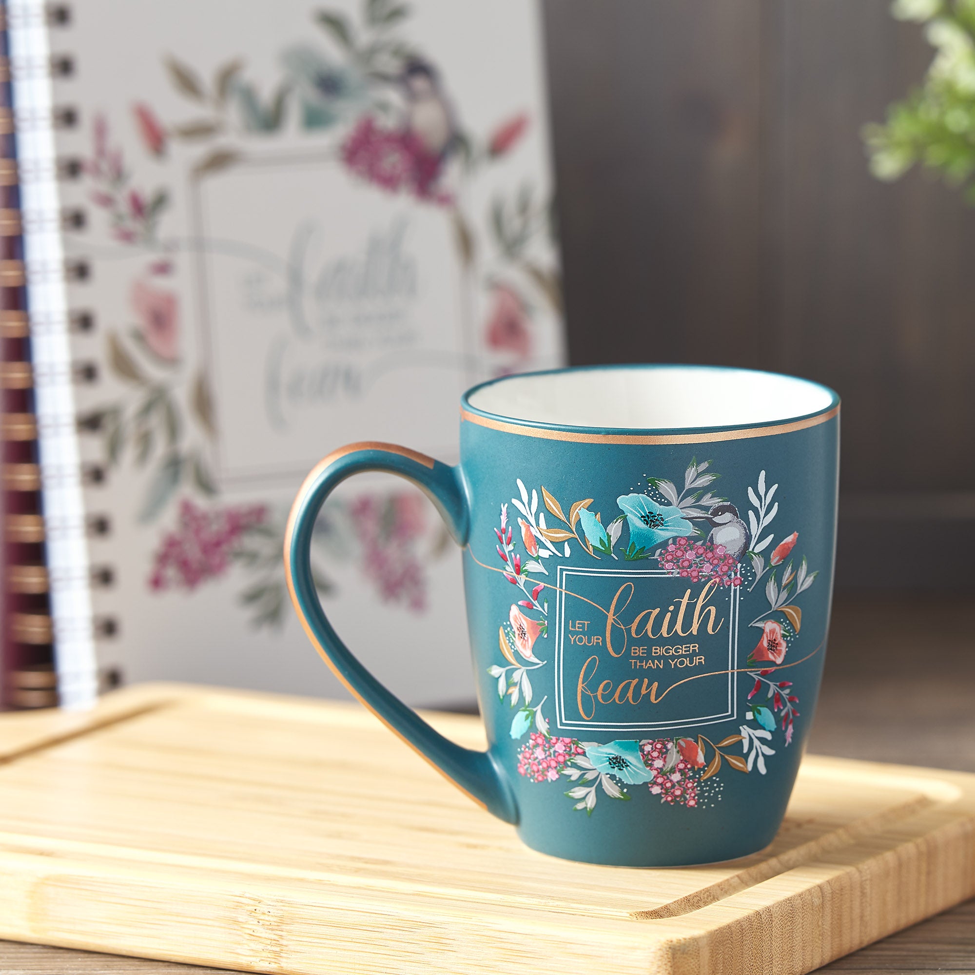 Ceramic Mug : Let Your Faith Be Bigger Than Your Fears, Teal/Floral With Bird, Gold Trim Around Rim (355ml) (Faith Fear Collection)