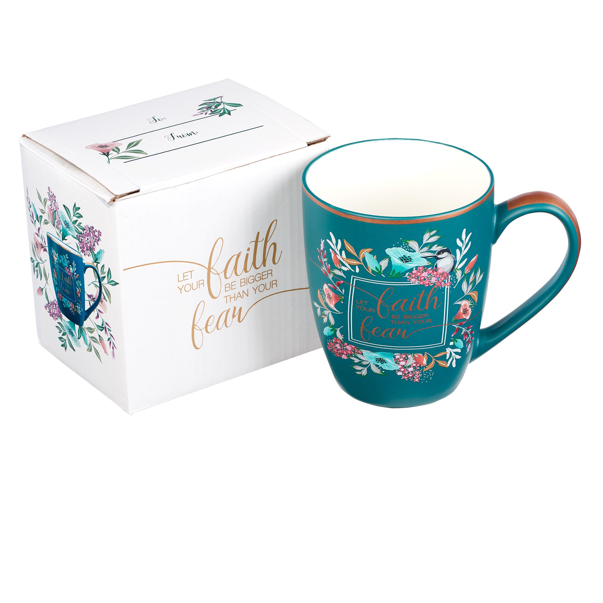 Ceramic Mug : Let Your Faith Be Bigger Than Your Fears, Teal/Floral With Bird, Gold Trim Around Rim (355ml) (Faith Fear Collection)