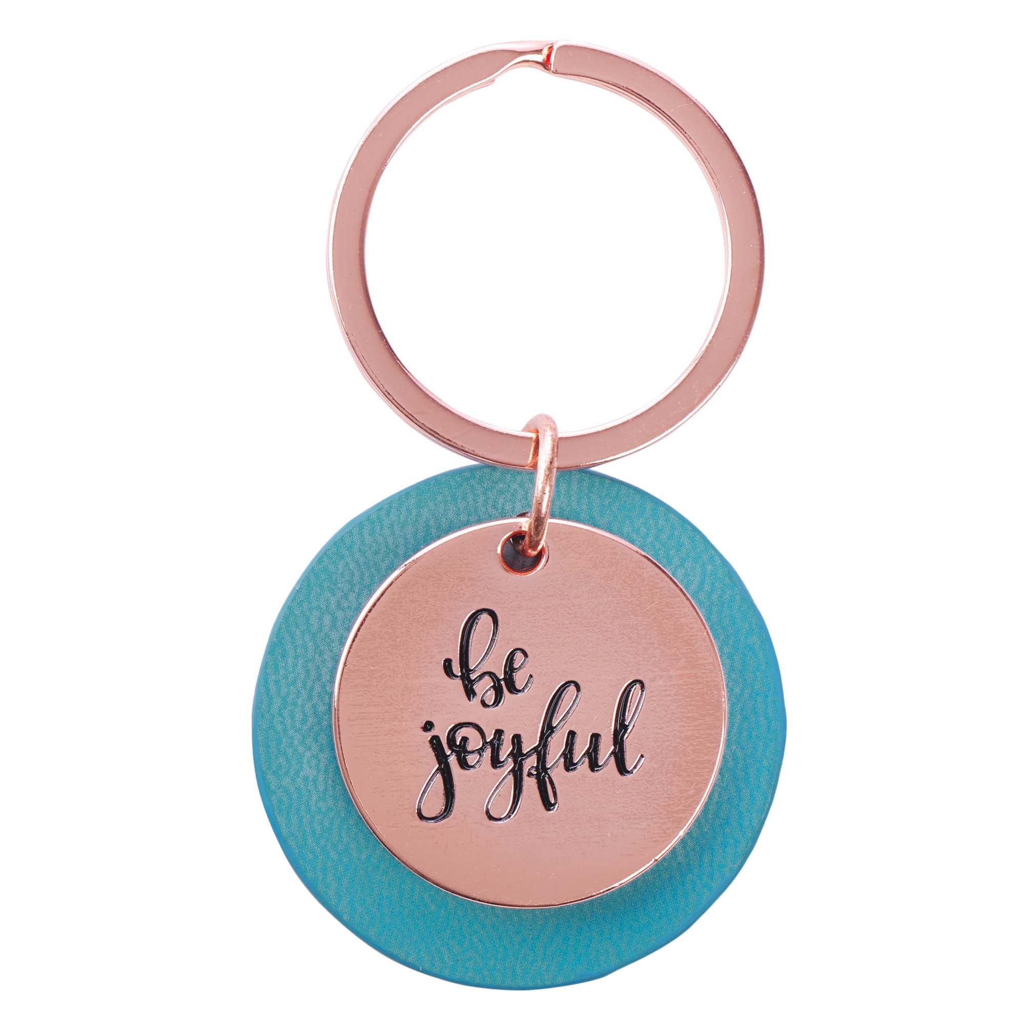 Keyring: Be Joyful, Rose Gold and Leatherlux Light Teal (Be Brave Grateful Joyful Series)