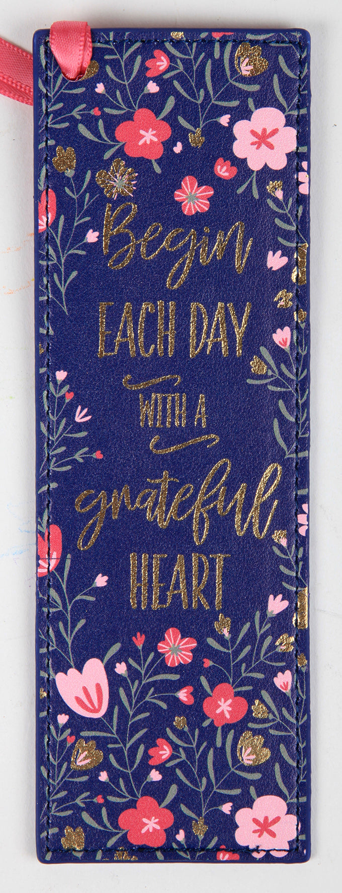 Bookmark: Grateful Heart, Navy With Pink Flowers