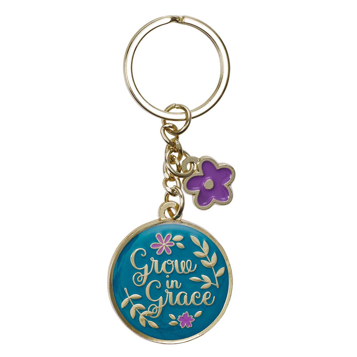 Keyring: Grow in Grace, Teal/Purple/Yellow Flower Epoxy Coated