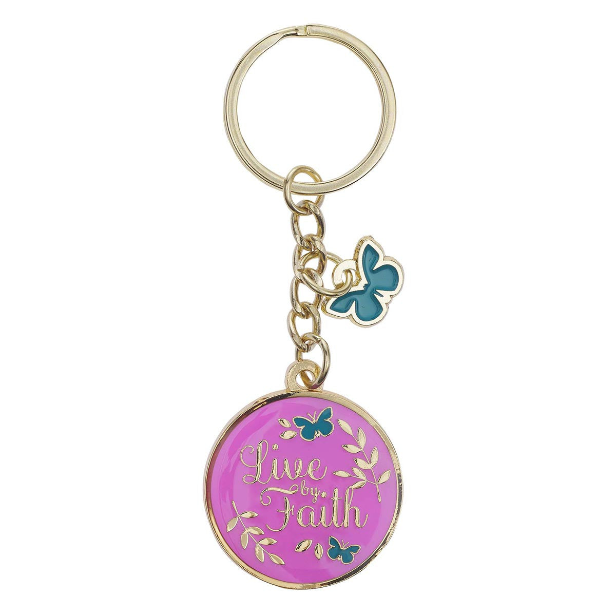 Keyring: Live By Faith, Purple/Yellow/Teal Butterfly Epoxy Coated