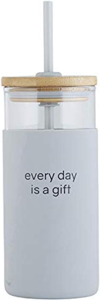 Tumbler, Glass With Bamboo Lid and Straw, 532ml: Every Day is a Gift, Comes in a Kraft Tube
