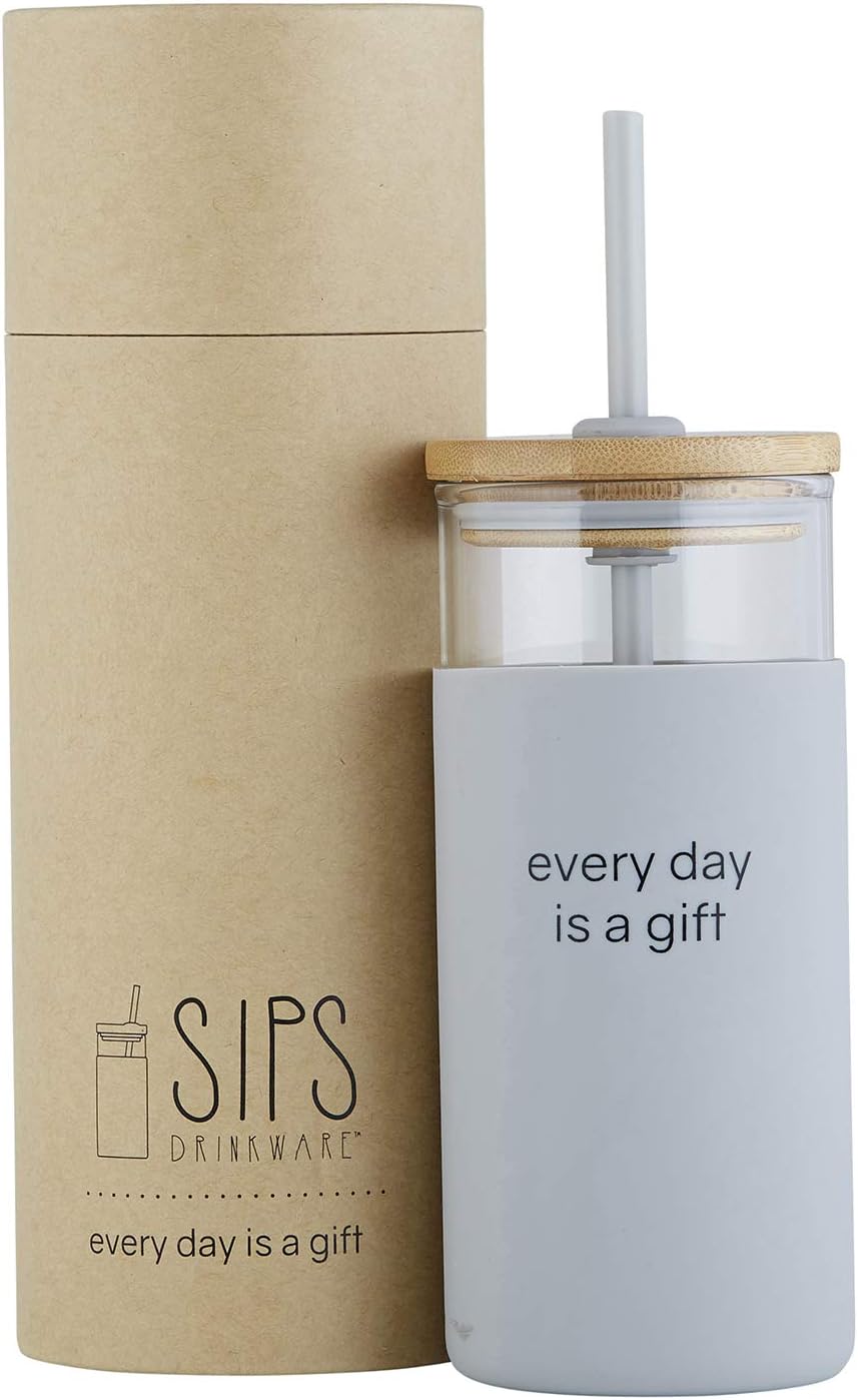 Tumbler, Glass With Bamboo Lid and Straw, 532ml: Every Day is a Gift, Comes in a Kraft Tube