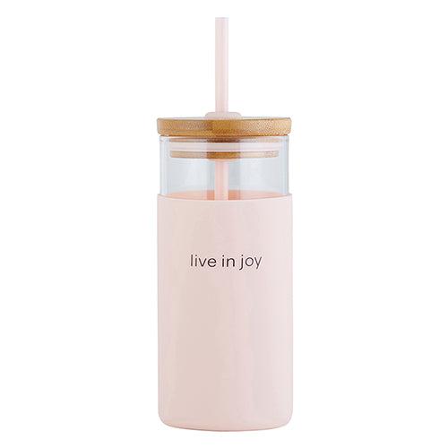 Tumbler, Glass With Bamboo Lid and Straw, 532ml: Live in Joy, Comes in a Kraft Tube