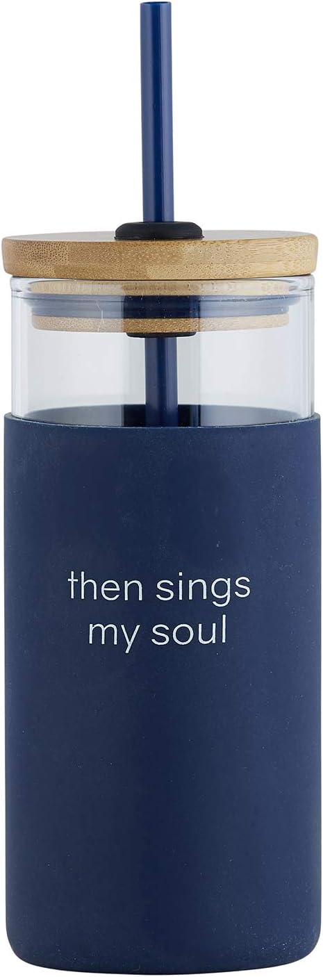 Tumbler, Glass With Bamboo Lid and Straw, 532ml: Then Sings My Soul, Navy, Comes in a Kraft Tube