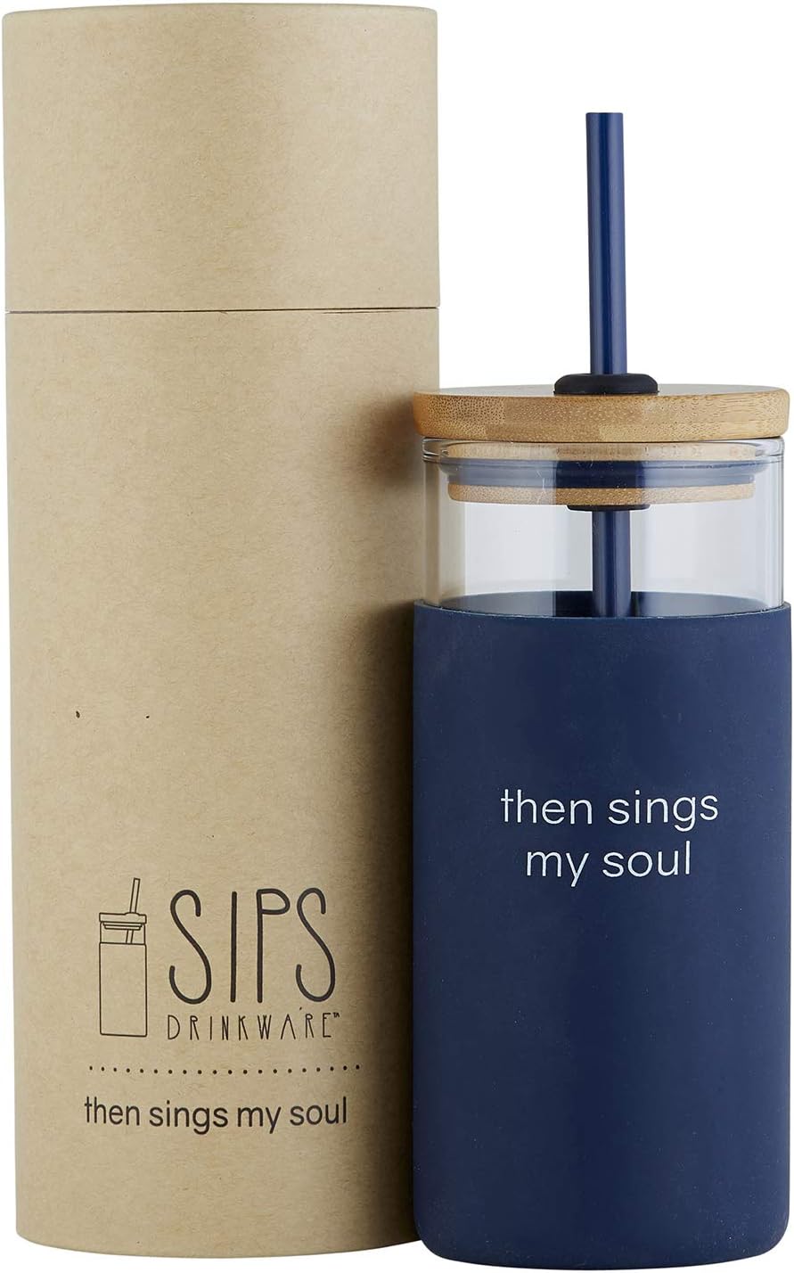 Tumbler, Glass With Bamboo Lid and Straw, 532ml: Then Sings My Soul, Navy, Comes in a Kraft Tube