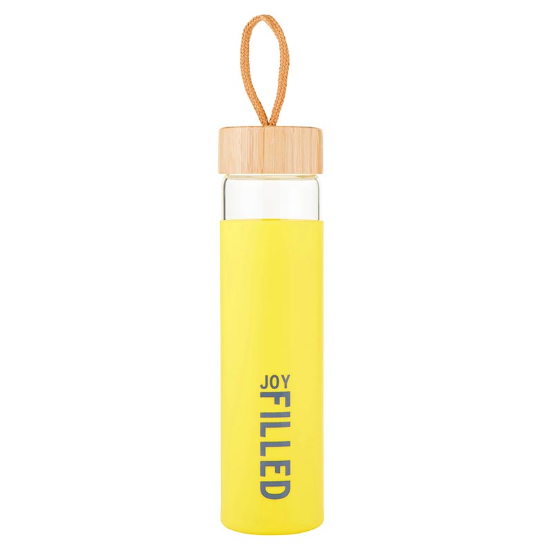 Water Bottle, Glass With Bamboo Lid (591 ml): Joy Filled, Yellow Silicone Wrap, Comes in a Kraft Tube