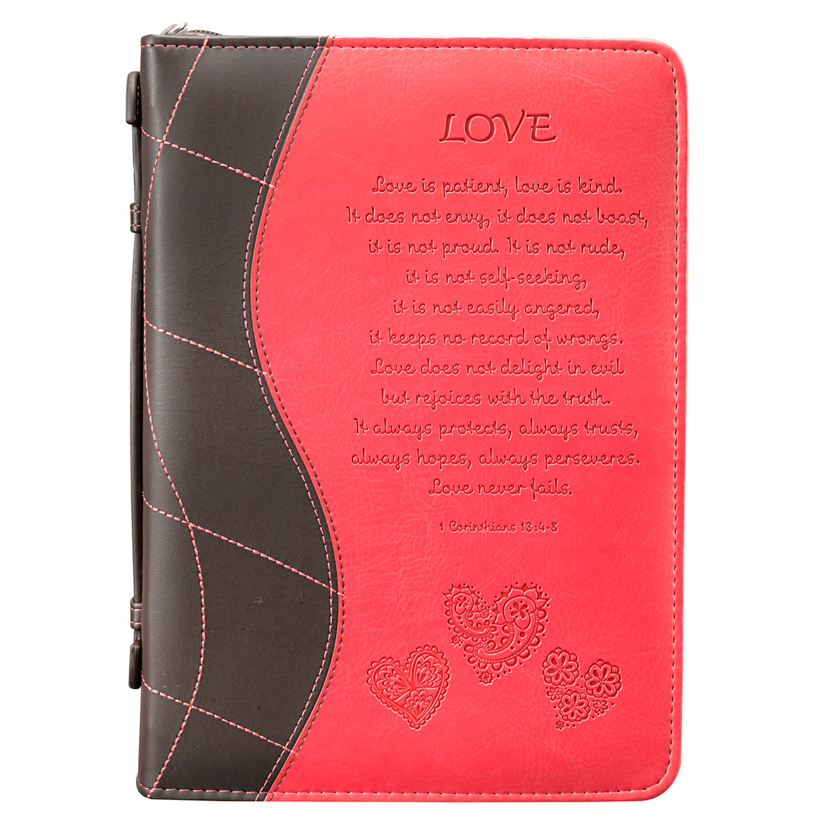 Bible Cover Extra Large: Love, Pink/Brown, Carry Handle Luxleather (1 Cor 13:4-8)